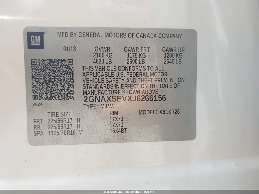 2018 Chevrolet Equinox VIN 2GNAXSEVXJ6266156 IAAI salvage auction — FRONT END, Salvage Title, sold $2,850 on 2026-07-28 (photo 9)