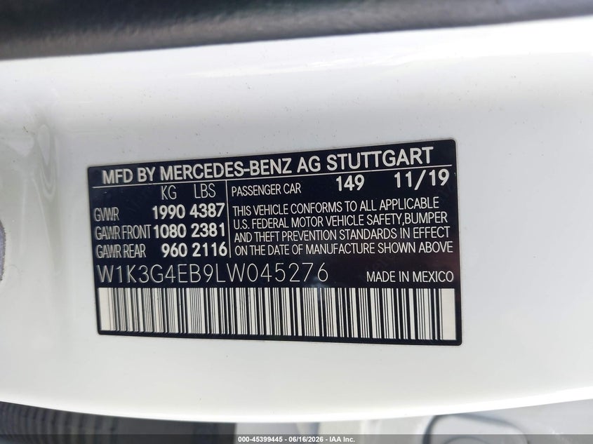 2020 Mercedes-benz A-klasse VIN W1K3G4EB9LW045276 IAAI salvage auction — FRONT END, Rebuildable (Florida), sold $4,775 on 2026-07-29 (photo 9)