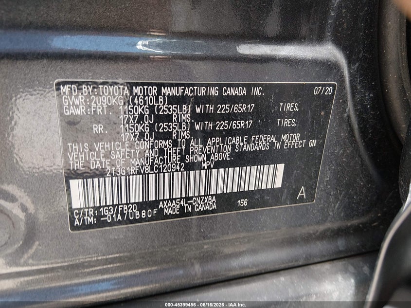 2020 Toyota Rav 4 VIN 2T3G1RFV8LC120942 IAAI salvage auction — FRONT END, Salvage (Colorado), sold $7,300 on 2026-07-29 (photo 9)