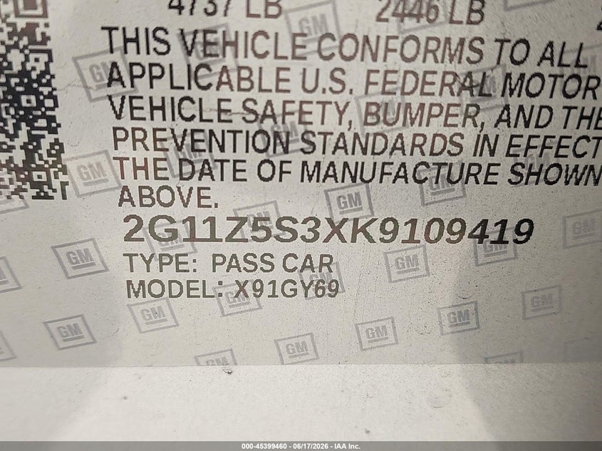 2019 Chevrolet Impala VIN 2G11Z5S3XK9109419 IAAI salvage auction — FRONT END, Salvage Title, sold $475 on 2026-07-18 (photo 9)