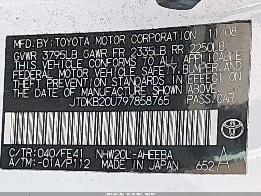 2009 Toyota Prius VIN JTDKB20U797858765 IAAI salvage auction — NORMAL WEAR, Clear (Virginia), sold $700 on 2026-07-15 (photo 9)