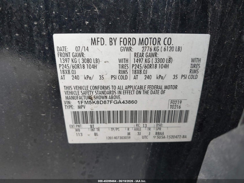 2015 Ford Explorer VIN 1FM5K8D87FGA43860 IAAI salvage auction — REAR END, Salvage Title, sold $800 on 2026-07-24 (photo 9)