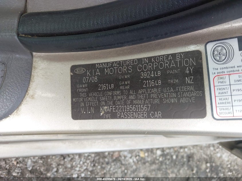 2009 Kia Spectra VIN KNAFE221195611567 IAAI salvage auction — FRONT END, Salvage (South Carolina), sold $500 on 2026-07-22 (photo 9)