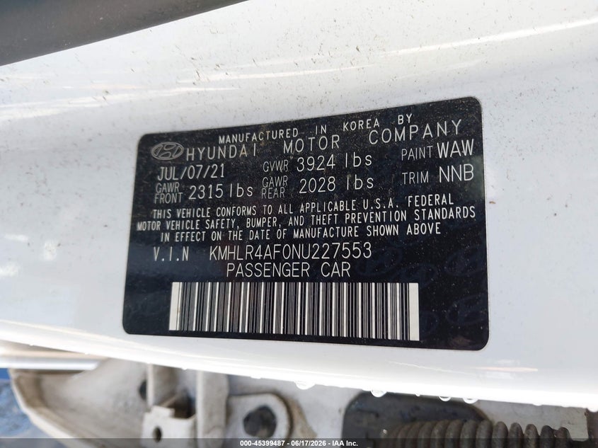 2022 Hyundai Elantra VIN KMHLR4AF0NU227553 IAAI salvage auction — FRONT END, Salvage (Virginia), sold $3,425 on 2026-07-17 (photo 9)