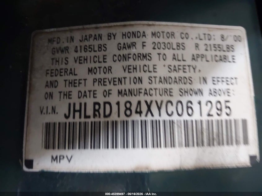 2000 Honda Cr-v VIN JHLRD184XYC061295 IAAI salvage auction — FRONT END, Salvage (Tennessee), sold $550 on 2026-07-20 (photo 9)