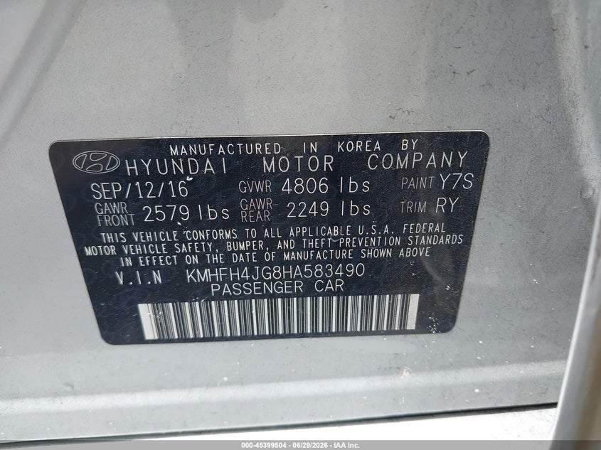 2017 Hyundai Azera VIN KMHFH4JG8HA583490 IAAI salvage auction — NORMAL WEAR, Clear (Florida), sold $975 on 2026-07-29 (photo 9)