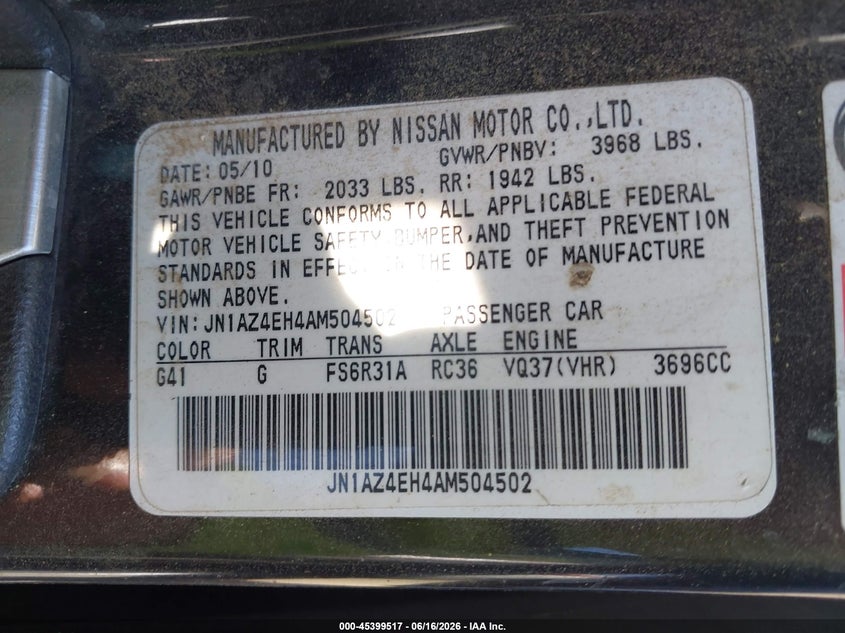 2010 Nissan 370z VIN JN1AZ4EH4AM504502 IAAI salvage auction — FRONT END, Salvage (California), sold $1,600 on 2026-07-28 (photo 9)