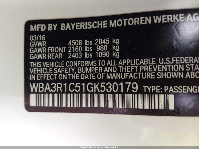2016 BMW 4er VIN WBA3R1C51GK530179 IAAI salvage auction — REAR END, Salvage (North Carolina), sold $3,650 on 2026-07-29 (photo 9)