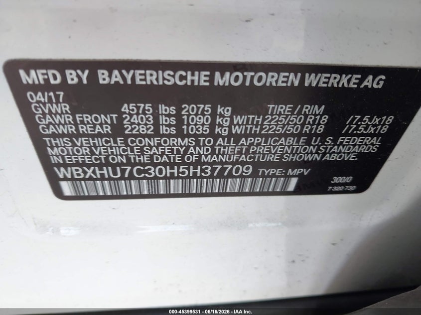2017 BMW X1 VIN WBXHU7C30H5H37709 IAAI salvage auction — FRONT END, Rebuildable (Florida), sold $2,950 on 2026-07-22 (photo 9)