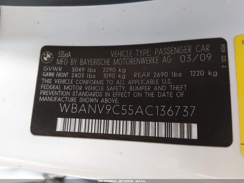 2010 BMW 5 series VIN WBANV9C55AC136737 IAAI salvage auction — NORMAL WEAR, Clear (Virginia), sold $475 on 2026-07-16 (photo 9)