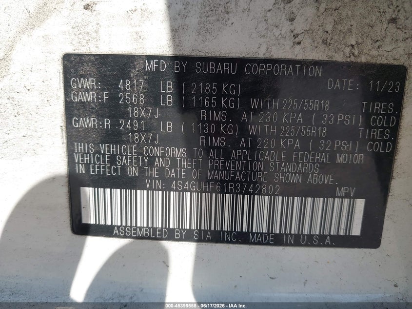 2024 Subaru Xv VIN 4S4GUHF61R3742802 IAAI salvage auction — FRONT & REAR, Salvage (New Jersey), sold $4,200 on 2026-07-22 (photo 9)