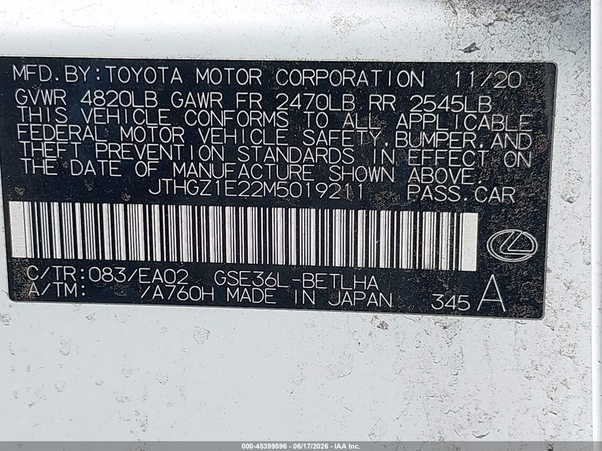 2021 Lexus Is VIN JTHGZ1E22M5019211 IAAI salvage auction — LEFT SIDE, Salvage (New Jersey), sold $11,500 on 2026-07-23 (photo 9)