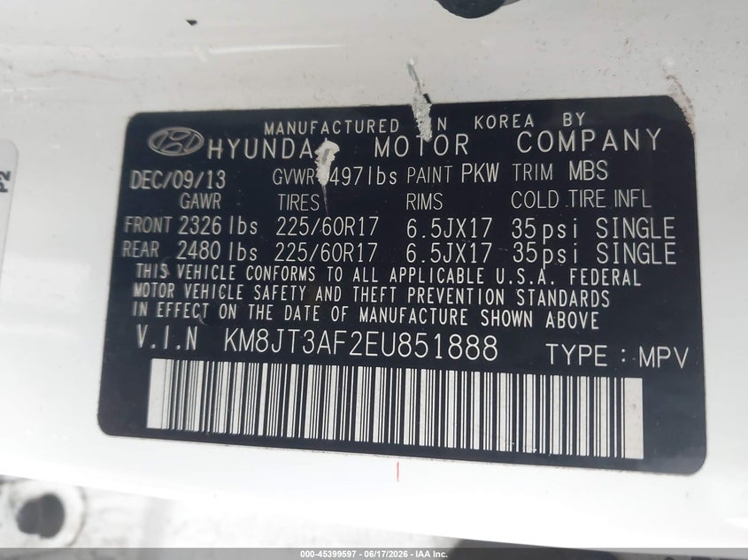 2014 Hyundai Tucson VIN KM8JT3AF2EU851888 IAAI salvage auction — NORMAL WEAR, Clear (Illinois), sold $500 on 2026-07-22 (photo 9)