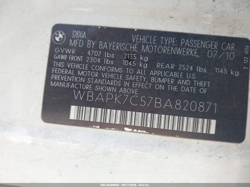 2011 BMW 3 series VIN WBAPK7C57BA820871 IAAI salvage auction — FRONT END, Clear (Massachusetts), sold $625 on 2026-07-17 (photo 9)