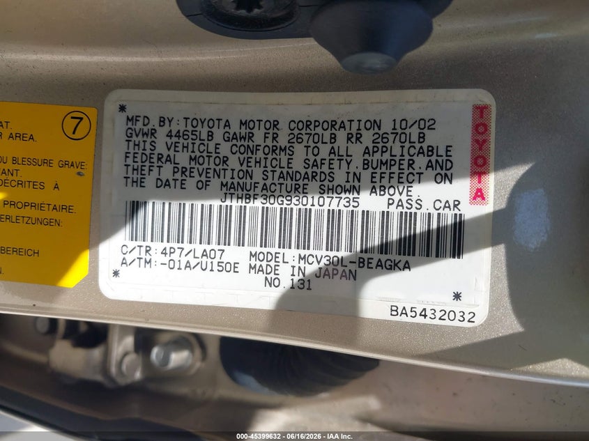 2003 Lexus ES VIN JTHBF30G930107735 IAAI salvage auction — LEFT FRONT, Rebuildable (Florida), sold $400 on 2026-07-14 (photo 9)
