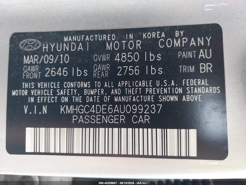 2010 Hyundai Genesis VIN KMHGC4DE6AU099237 IAAI salvage auction — REAR END, Clear (Virginia), sold $400 on 2026-07-08 (photo 9)