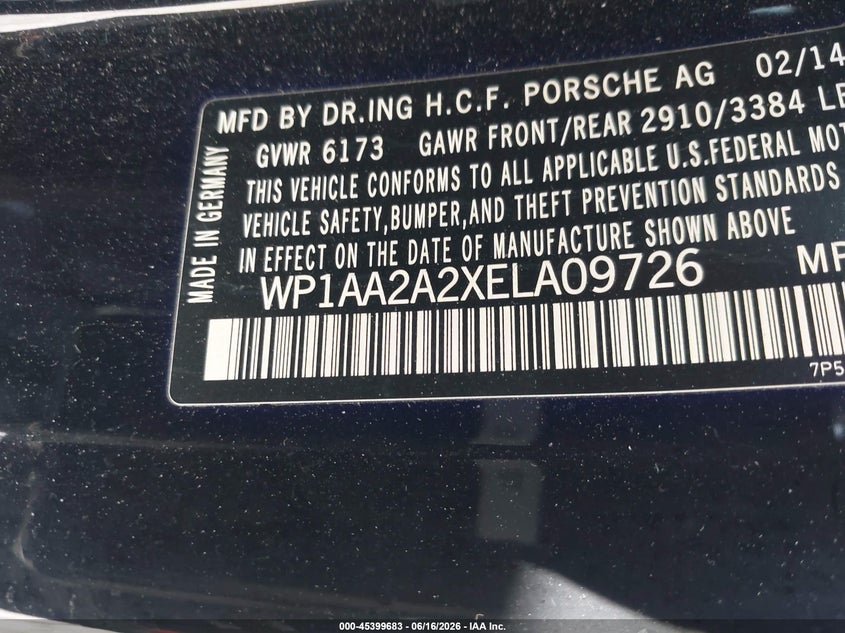 2014 Porsche Cayenne VIN WP1AA2A2XELA09726 IAAI salvage auction — NORMAL WEAR, Clear - Dealer Only (California), sold $1,825 on 2026-07-29 (photo 9)