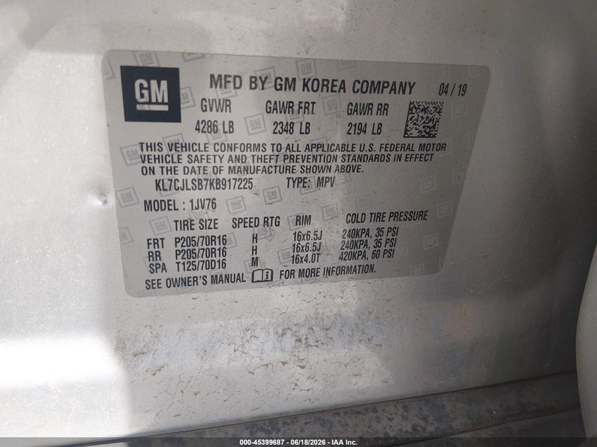 2019 Chevrolet Trax VIN KL7CJLSB7KB917225 IAAI salvage auction — FRONT END, Salvage (Minnesota), sold $725 on 2026-07-29 (photo 9)