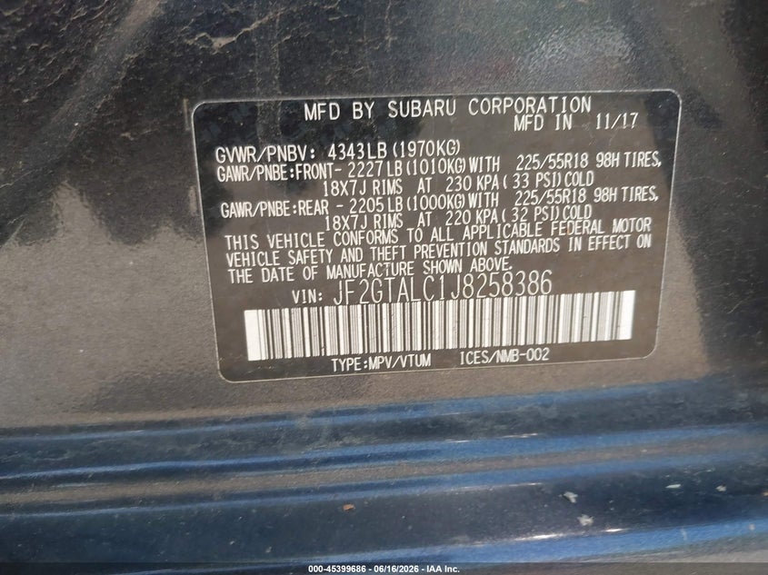 2018 Subaru Xv VIN JF2GTALC1J8258386 IAAI salvage auction — FRONT END, Salvage - Greater Than 75% (Maryland), sold $6,150 on 2026-07-08 (photo 9)