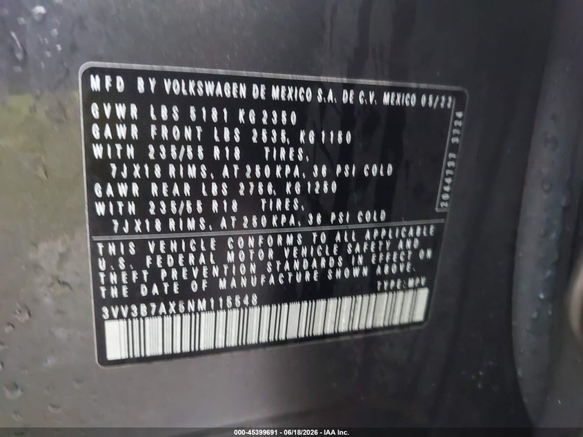 2022 Volkswagen Tiguan VIN 3VV3B7AX5NM115548 IAAI salvage auction — UNKNOWN, Salvage Title, sold $2,550 on 2026-07-24 (photo 9)