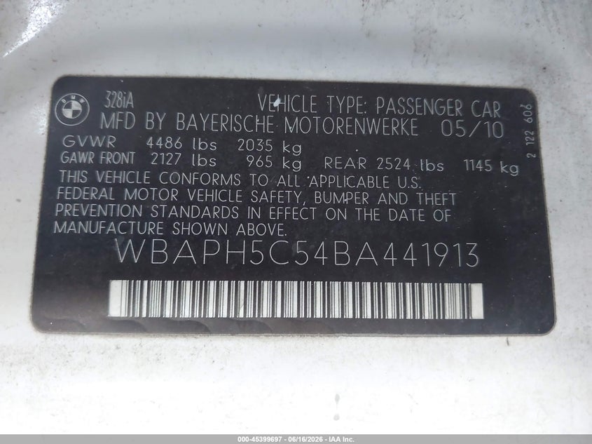 2011 BMW 3 series VIN WBAPH5C54BA441913 IAAI salvage auction — NORMAL WEAR, Clear - Dealer Only (California), sold $475 on 2026-07-07 (photo 9)