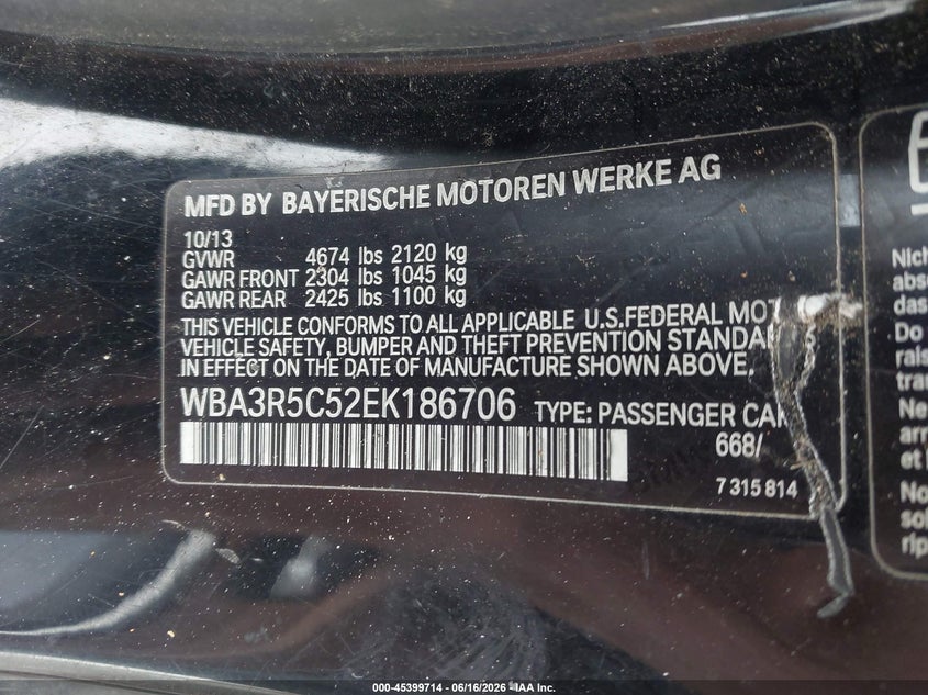 2014 BMW 4 series VIN WBA3R5C52EK186706 IAAI salvage auction — NORMAL WEAR, Clear (North Carolina), sold $925 on 2026-07-22 (photo 9)