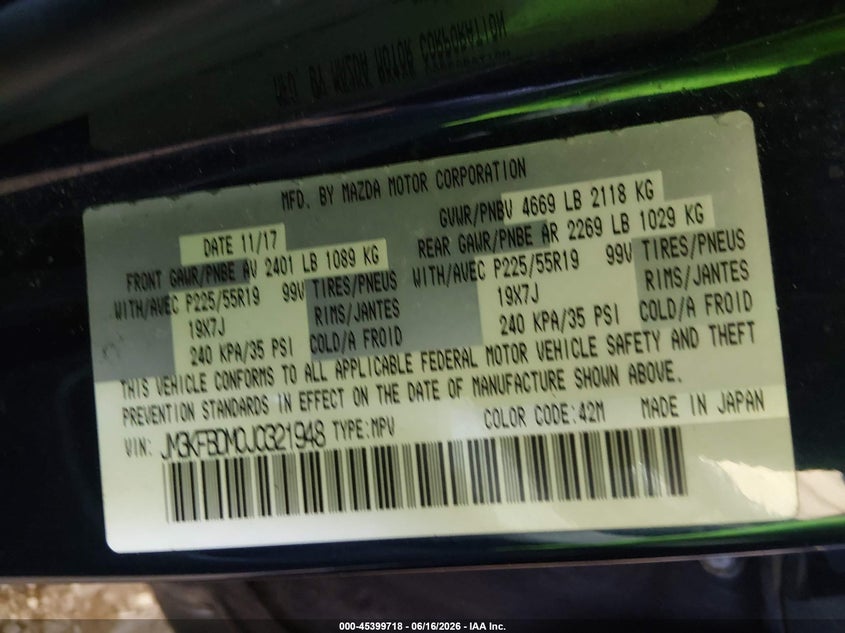 2018 Mazda Cx-5 VIN JM3KFBDM0J0321948 IAAI salvage auction — LEFT FRONT, Salvage (Arizona), sold $3,175 on 2026-07-14 (photo 9)