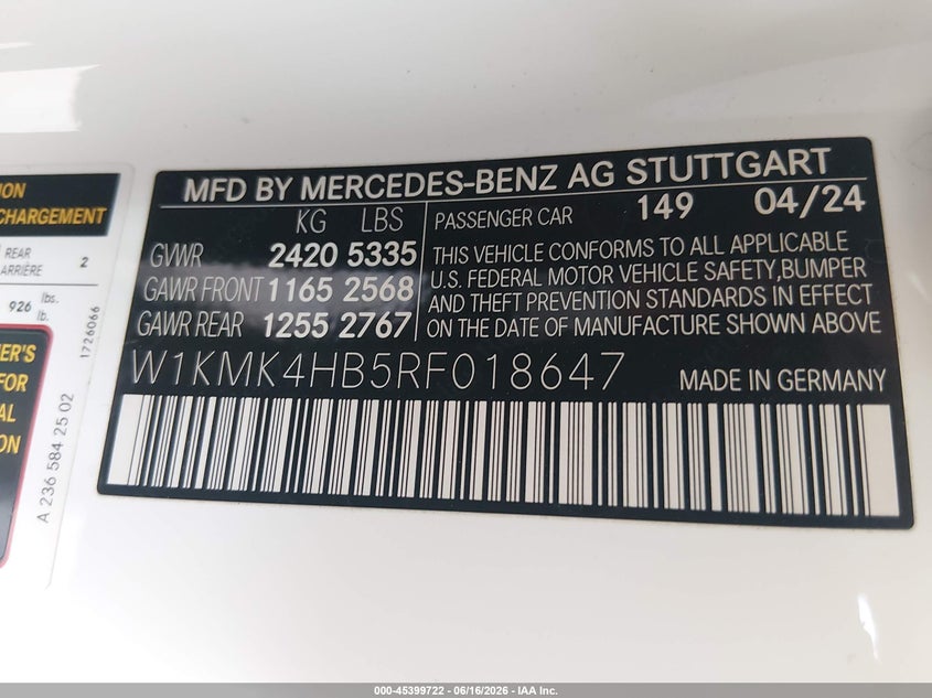 2024 Mercedes-benz Cle-klasse VIN W1KMK4HB5RF018647 IAAI salvage auction — REAR END, Rebuildable (Florida), sold $28,300 on 2026-07-13 (photo 9)