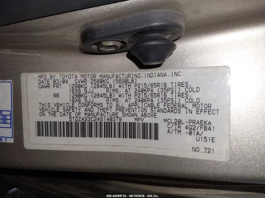 2004 Toyota Sienna VIN 5TDZA23C24S140379 IAAI salvage auction — NORMAL WEAR, Original (Texas), sold $800 on 2026-07-22 (photo 9)