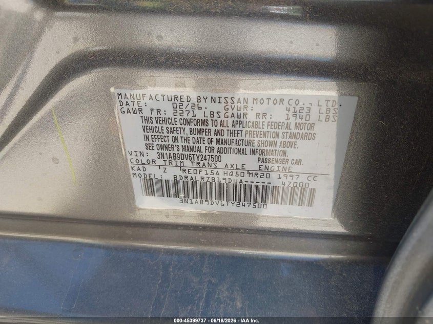 2026 Nissan Sentra VIN 3N1AB9DV6TY247500 IAAI salvage auction — FRONT END, Salvage Title, sold $10,000 on 2026-07-31 (photo 9)