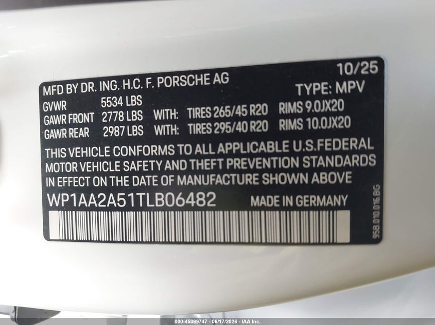 2026 Porsche Macan VIN WP1AA2A51TLB06482 IAAI salvage auction — ROLLOVER, Salvage (California), sold $10,000 on 2026-08-26 (photo 9)