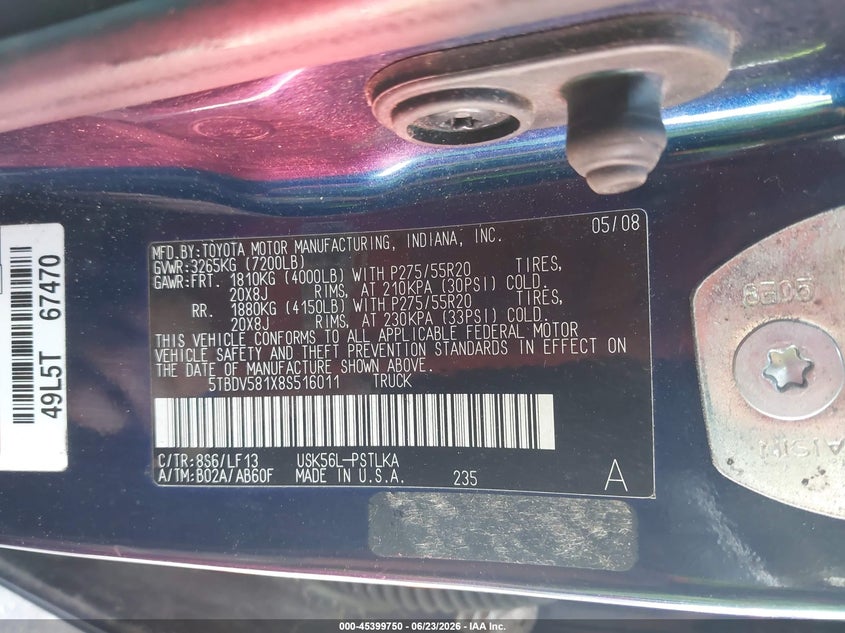 2008 Toyota Tundra VIN 5TBDV581X8S516011 IAAI salvage auction — RIGHT FRONT, Salvage (Alabama), sold $4,250 on 2026-07-15 (photo 9)