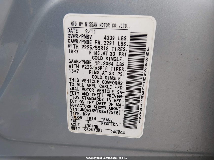 2011 Nissan Rogue VIN JN8A55MT0BW175661 IAAI salvage auction — RIGHT FRONT, Salvage (South Carolina), sold $225 on 2026-07-15 (photo 9)