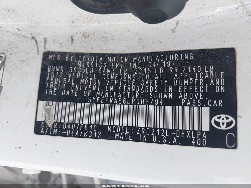 2020 Toyota Corolla VIN 5YFEPRAE6LP005794 IAAI salvage auction — FRONT END, Salvage (Idaho), sold $25 on 2026-07-29 (photo 9)