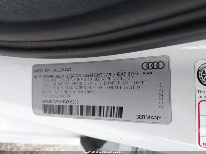 2017 Audi A6 VIN WAUF2AFC8HN006233 IAAI salvage auction — FRONT END, Clear (Michigan), sold $8,500 on 2026-07-20 (photo 9)