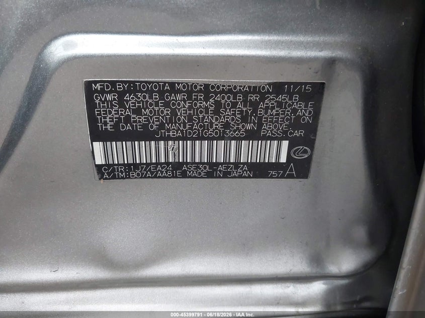 2016 Lexus Is VIN JTHBA1D21G5013665 IAAI salvage auction — FRONT & REAR, Salvage Title, sold $2,100 on 2026-07-17 (photo 9)