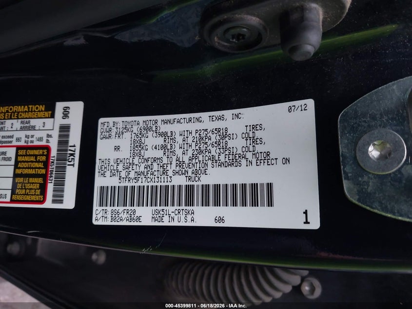 2012 Toyota Tundra VIN 5TFRY5F17CX131113 IAAI salvage auction — SIDE, Salvage Title, sold $4,525 on 2026-07-10 (photo 9)