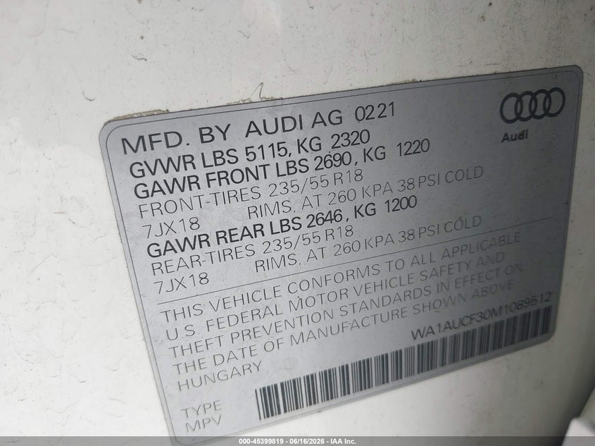 2021 Audi Q3 VIN WA1AUCF30M1089512 IAAI salvage auction — LEFT SIDE, Rebuildable (Florida), sold $4,750 on 2026-07-21 (photo 9)