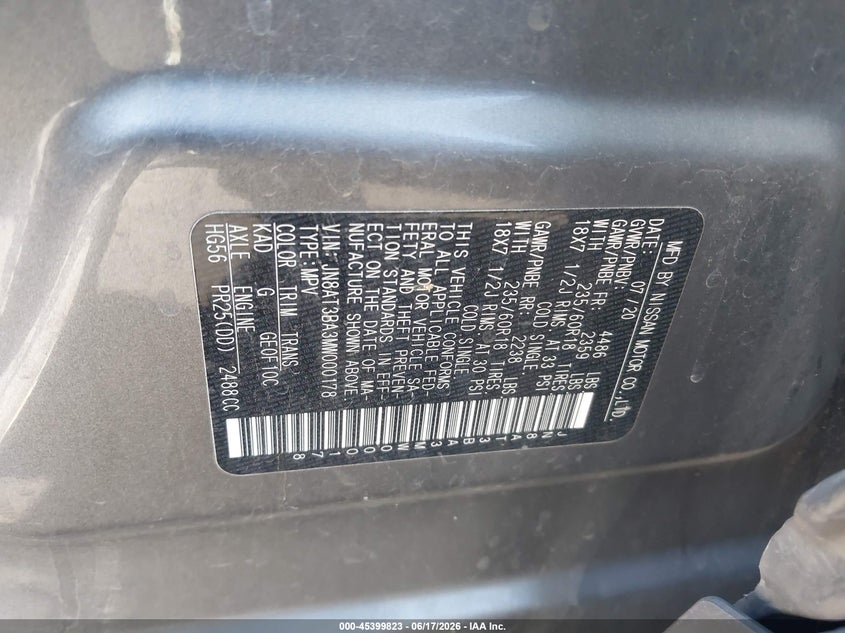 2021 Nissan Rogue VIN JN8AT3BA3MW000178 IAAI salvage auction — FRONT END, Salvage Certificate (California), sold $5,200 on 2026-07-16 (photo 9)