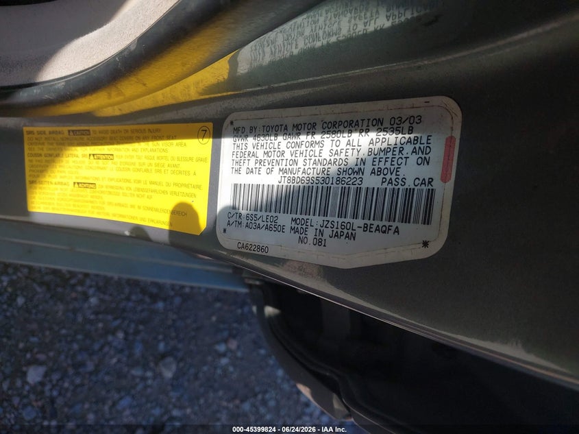 2003 Lexus Gs 300 VIN JT8BD69S530186223 IAAI salvage auction — FRONT END, Clear (Virginia), sold $25 on 2026-07-24 (photo 9)