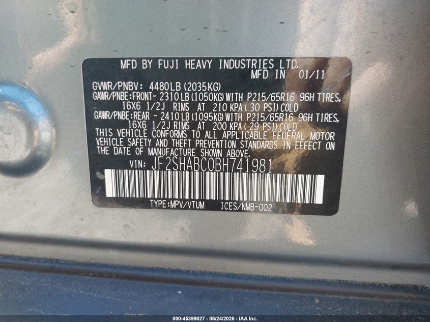 2011 Subaru Forester VIN JF2SHABC0BH741981 IAAI salvage auction — REAR END, Clear (Massachusetts), sold $850 on 2026-07-07 (photo 9)