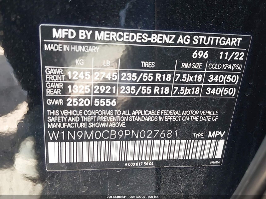 2023 Mercedes-benz VIN W1N9M0CB9PN027681 IAAI salvage auction — FRONT END, Salvage Title, sold $4,300 on 2026-08-03 (photo 9)