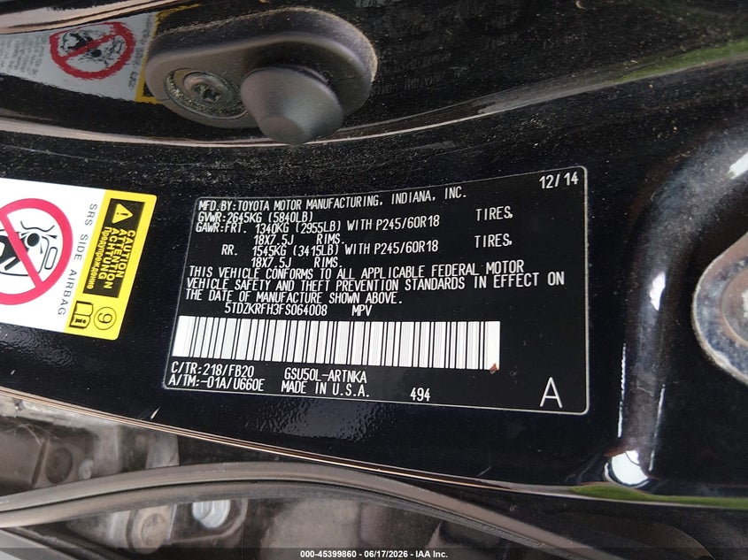 2015 Toyota Highlander VIN 5TDZKRFH3FS064008 IAAI salvage auction — FRONT END, Salvage (Louisiana), sold $3,900 on 2026-07-14 (photo 9)