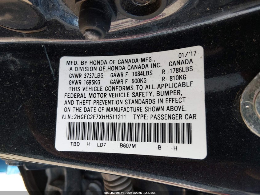 2017 Honda Civic VIN 2HGFC2F7XHH511211 IAAI salvage auction — NORMAL WEAR, Clear (Montana), sold $1,900 on 2026-08-22 (photo 9)