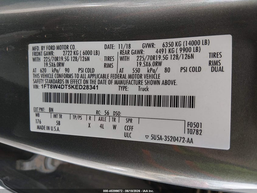 2019 Ford F450 VIN 1FT8W4DT5KED28341 IAAI salvage auction — FRONT END, Salvage Title, sold $21,800 on 2026-08-03 (photo 8)