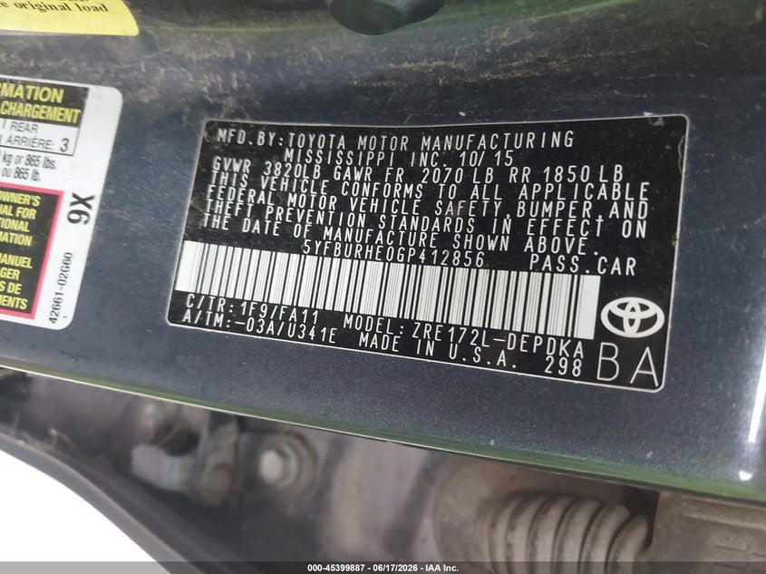2016 Toyota Corolla VIN 5YFBURHE0GP412856 IAAI salvage auction — LEFT SIDE, Salvage (Texas), sold $2,150 on 2026-07-17 (photo 9)