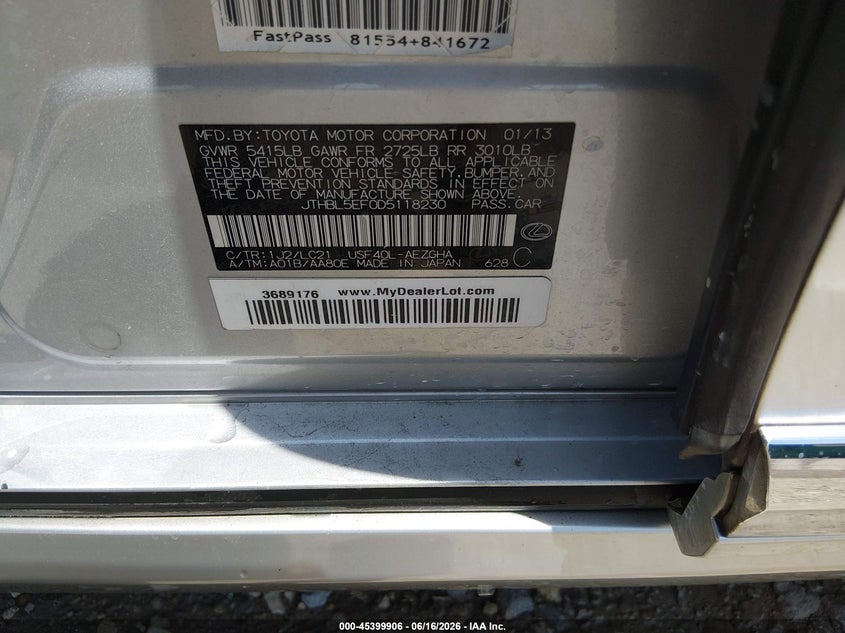 2013 Lexus VIN JTHBL5EF0D5118230 IAAI salvage auction — HAIL, Salvage (Kansas), sold $4,100 on 2026-07-10 (photo 9)