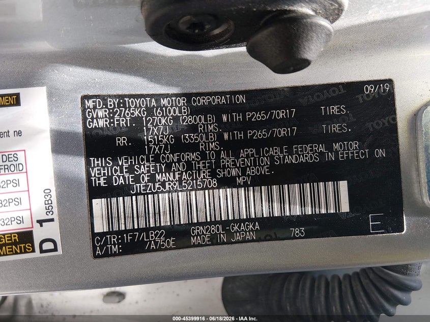 2020 Toyota 4runner VIN JTEZU5JR9L5215708 IAAI salvage auction — ROLLOVER, Salvage (Texas), sold $3,100 on 2026-07-18 (photo 9)