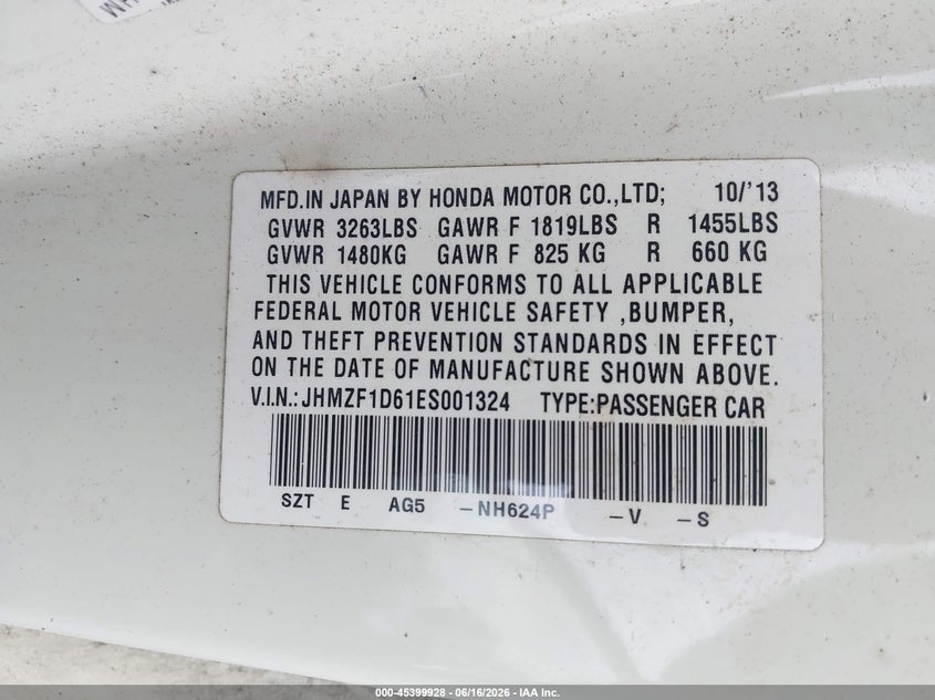 2014 Honda Cr-z VIN JHMZF1D61ES001324 IAAI salvage auction — LEFT FRONT, Salvage (Georgia), sold $825 on 2026-07-22 (photo 9)