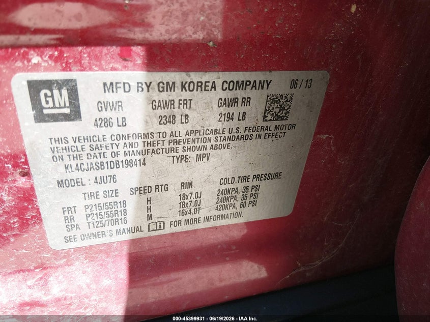 2013 Buick Encore VIN KL4CJASB1DB198414 IAAI salvage auction — REAR END, Salvage (Ohio), sold $1,425 on 2026-07-14 (photo 9)